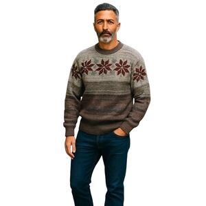 Vintage 90s Hand Knit Sweater Pullover L Brown Nordic Cabin Granola Fair Isle